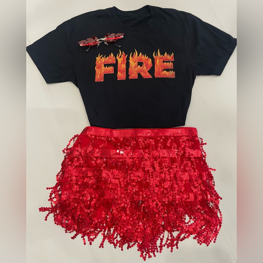 Fire Set- T-shirt (women’s small), glasses, sequin belly dancing wrap skirt
